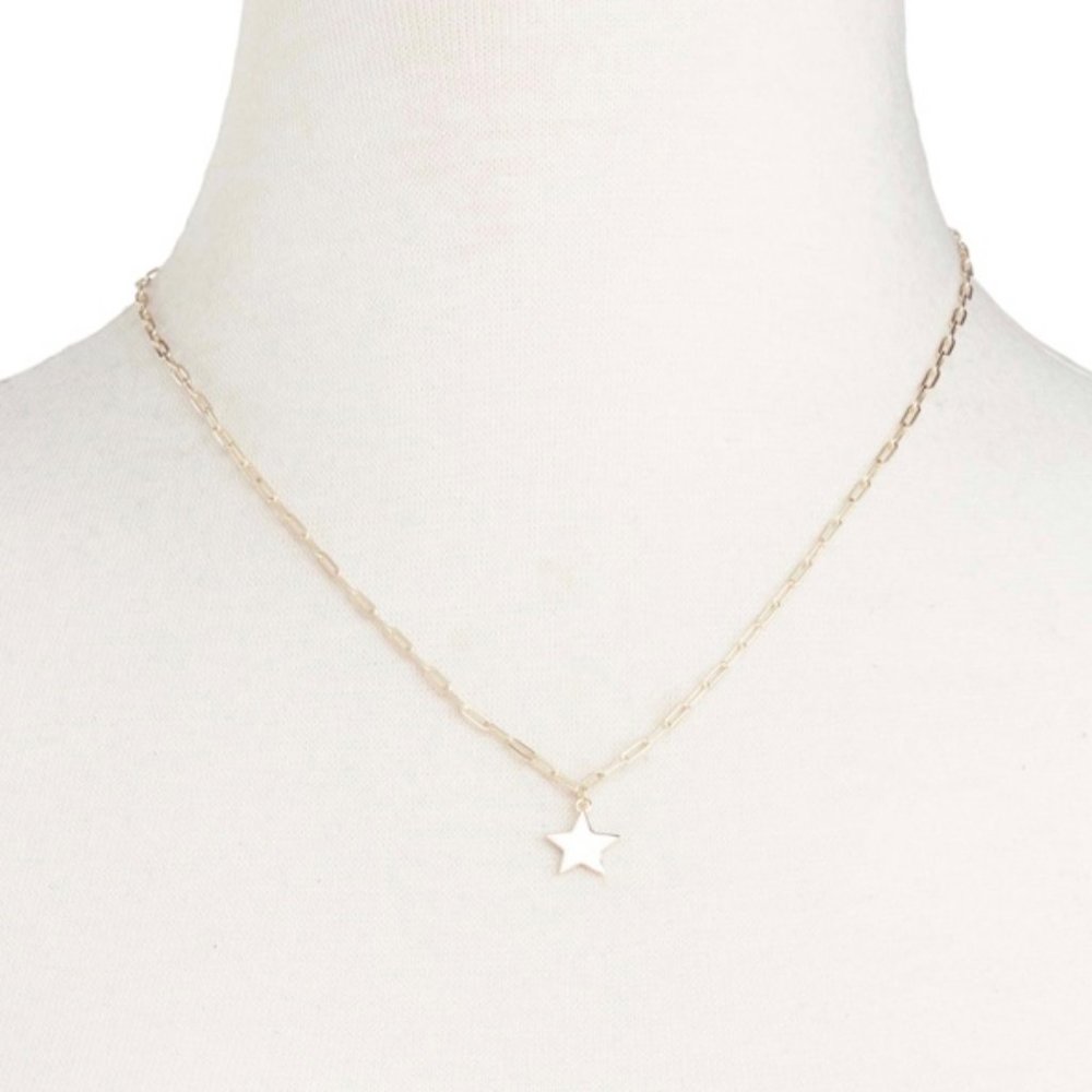 NEW 14K Gold Plated Sterling Star Charm Paper Clip Necklace - Picture 2 of 5